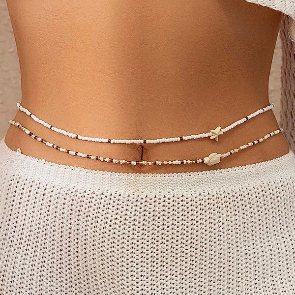 SHIXIN 2Pcs Bohemian Turtle Sea Star Waist Chain Set for Women Summer Bikini Small Seed Beads Belly Chain Beach Body Jewelry