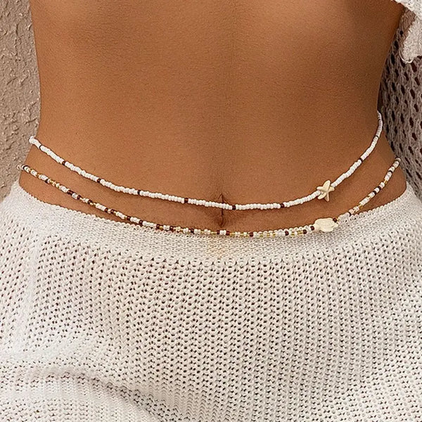 SHIXIN 2Pcs Bohemian Turtle Sea Star Waist Chain Set for Women Summer Bikini Small Seed Beads Belly Chain Beach Body Jewelry