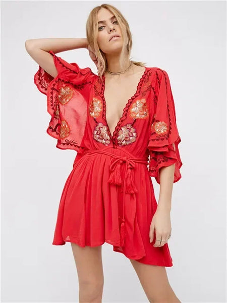 Summer new embroidery flowers dress V-neck sexy romantic short split dress boho holiday mini dress A-line 2023 vestidos