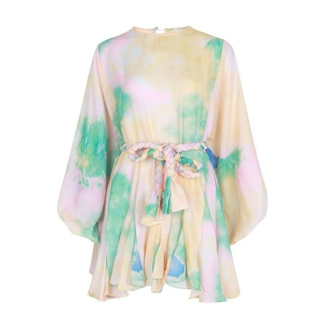 Tie-Dye Pattern Print Dress Long Sleeve oval Neck line High Waist Lace Up tunic dress