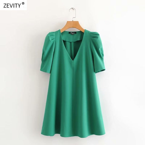 V neck pleats puff sleeve solid green mini dress chic