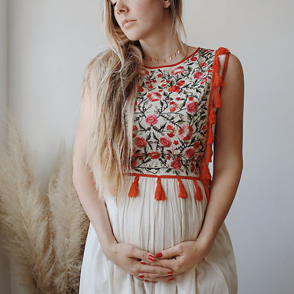 Boho Embroidered Maxi Dress Hippie Tassel trim Vest Dresses Sleeveless O-Neck