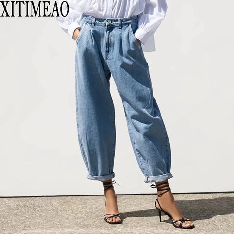 Vintage Stylish Pockets Darts Jeans High Waist Zipper Fly Denim Harem Pants Chic Jean Femme Trousers