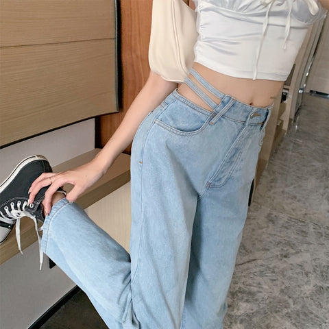 Hollow Out High waist Loose Denim pants Casual Vintage Wide leg Jeans Trousers