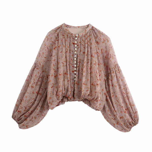 Vintage Print Blouse Round Neck Puff Sleeve Chiffon Button Up