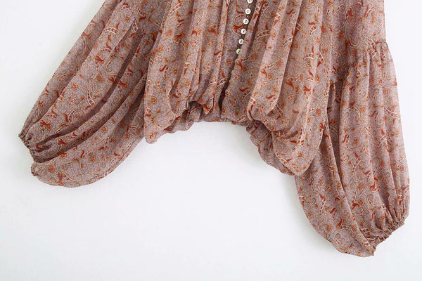 Vintage Print Blouse Round Neck Puff Sleeve Chiffon Button Up