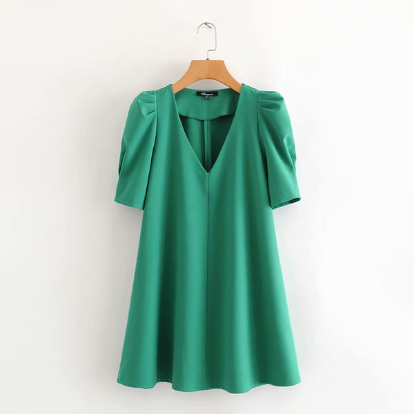 V neck pleats puff sleeve solid green mini dress chic