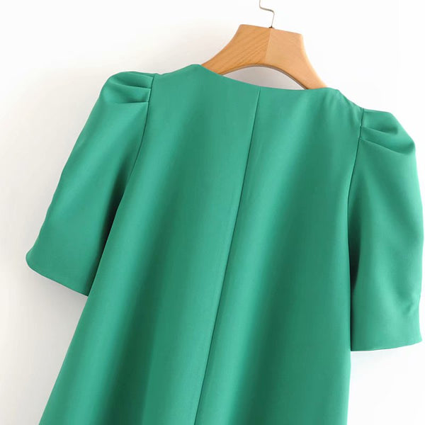 V neck pleats puff sleeve solid green mini dress chic