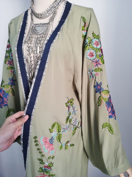 Boho Green Floral Embroidery Flare Kimono Robe