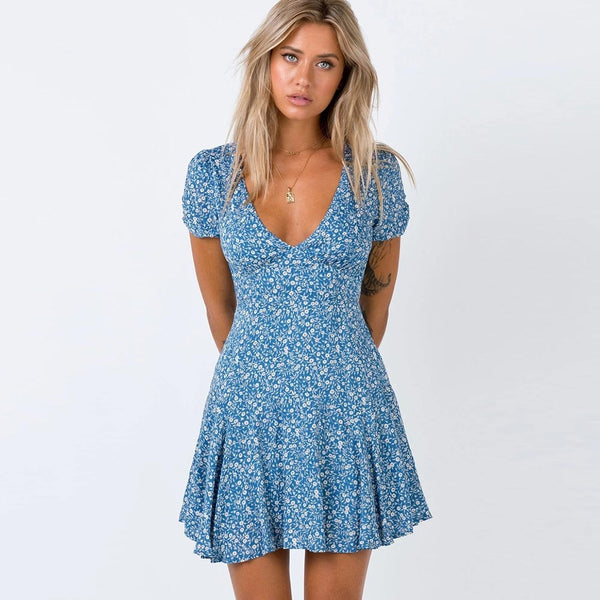 Women Floral Print Blue Dress Boho Ruffles A-line Mini Sundress