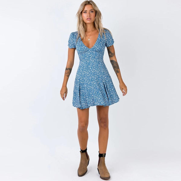 Women Floral Print Blue Dress Boho Ruffles A-line Mini Sundress