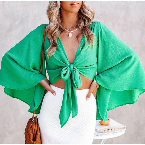 Sexy Deep V Neck Flare Sleeve Chiffon Blouse Knot Tie Up