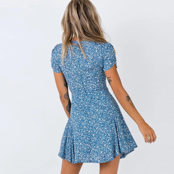 Women Floral Print Blue Dress Boho Ruffles A-line Mini Sundress