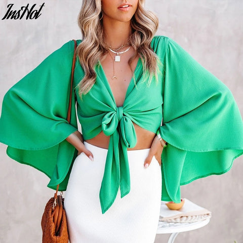 Sexy Deep V Neck Flare Sleeve Chiffon Blouse Knot Tie Up