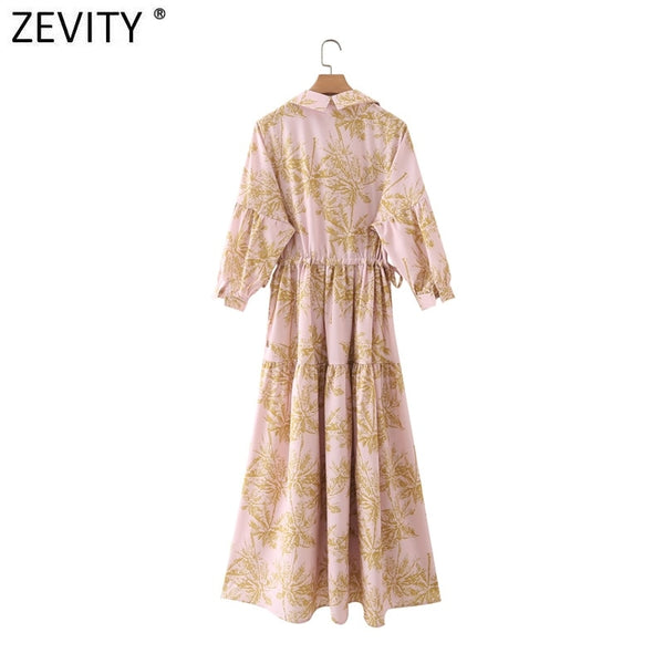 Bag Dress Tropical Leaves Print Elastic Waist Midi Shirt Dress Ladies Three Quarter Sleeve A Line Side Tie