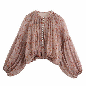 Vintage Print Blouse Round Neck Puff Sleeve Chiffon Button Up