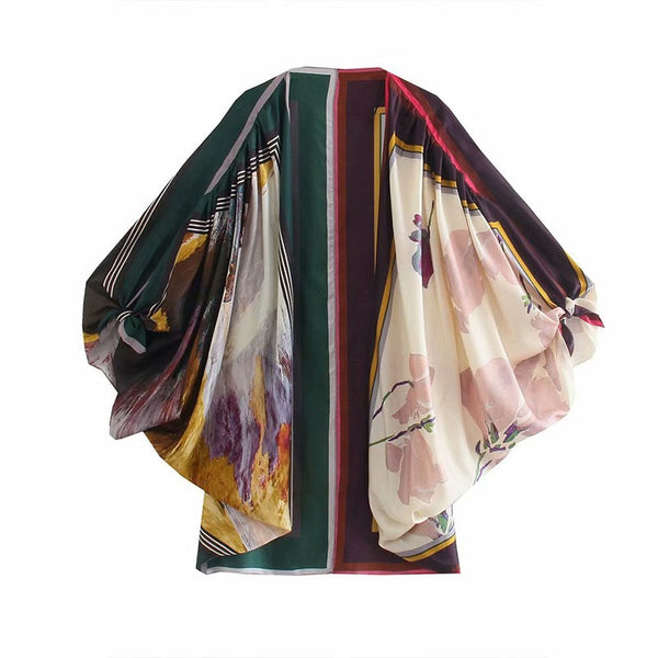 Printed Shawl Silk Deep V-neck Kimono Style Long Sleeve Ladies Vintage Chic