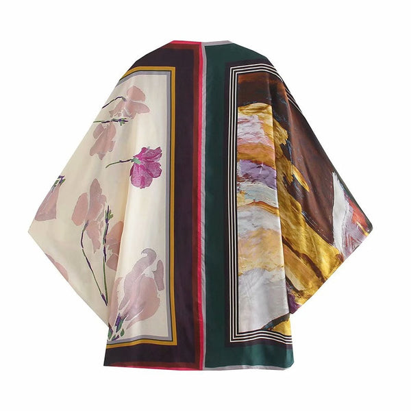 Printed Shawl Silk Deep V-neck Kimono Style Long Sleeve Ladies Vintage Chic