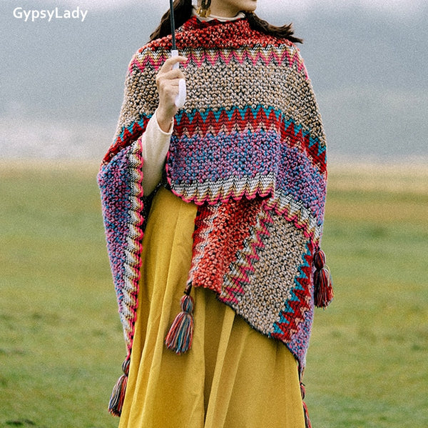 GypsyLady Vintage Boho Cloaks Capes Top Red Women Geometric Design Knitted Poncho Tassels Poncho Outwear