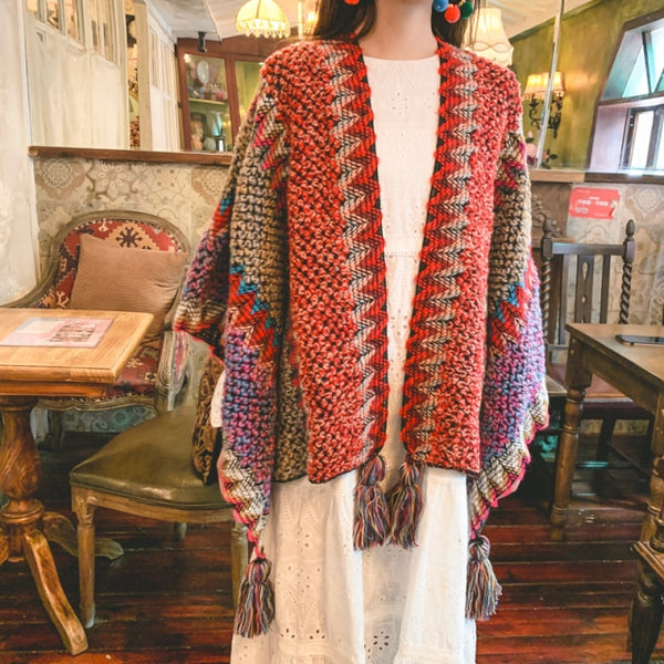 GypsyLady Vintage Boho Cloaks Capes Top Red Women Geometric Design Knitted Poncho Tassels Poncho Outwear