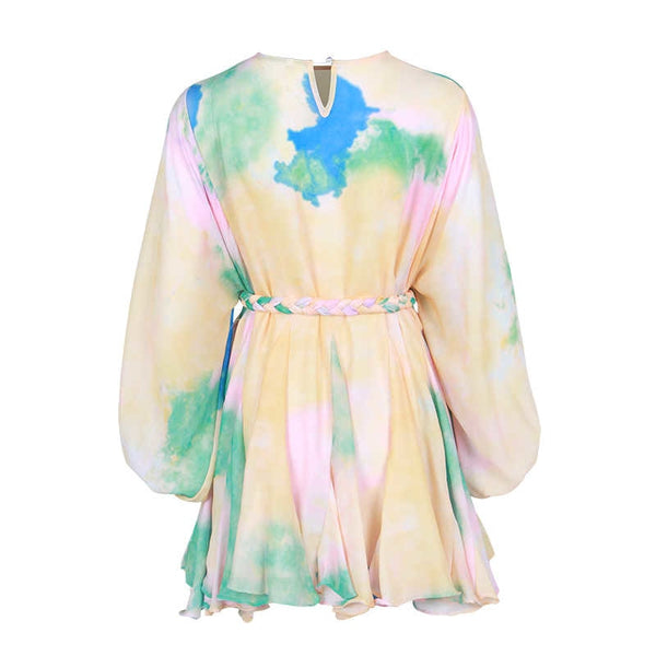 Tie-Dye Pattern Print Dress Long Sleeve oval Neck line High Waist Lace Up tunic dress