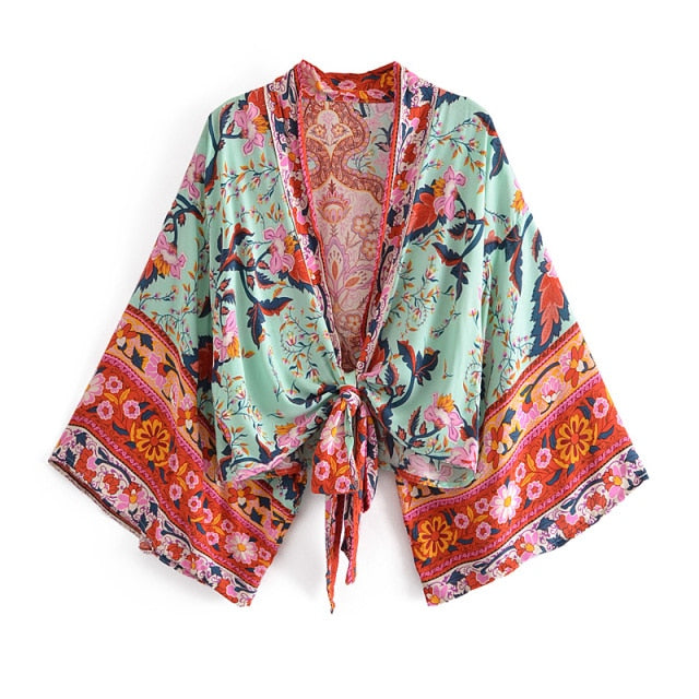 Boho Vintage Floral Print Sashes short  Kimono Women 2018 New Fashion V Neck batwing Sleeves Ladies Blouses Casual Blusas