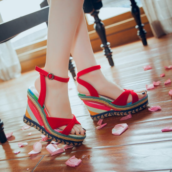 Sandals Slope Heel Round Toe  Multicolor Espadrille Wedge peep toe