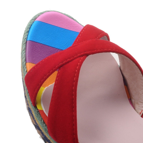 Sandals Slope Heel Round Toe  Multicolor Espadrille Wedge peep toe