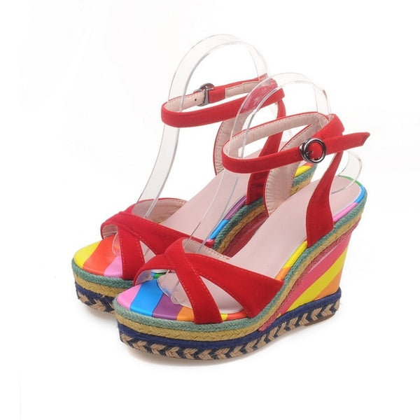 Sandals Slope Heel Round Toe  Multicolor Espadrille Wedge peep toe