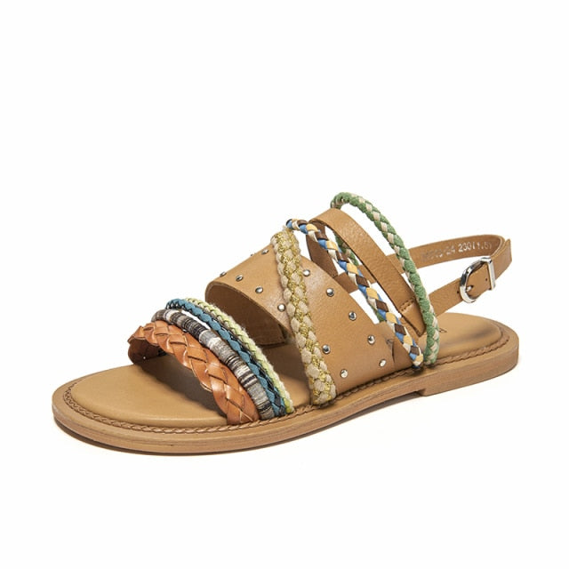 Genuine Leather Mixed Color Braided Strap Slingback Bohemian Flat