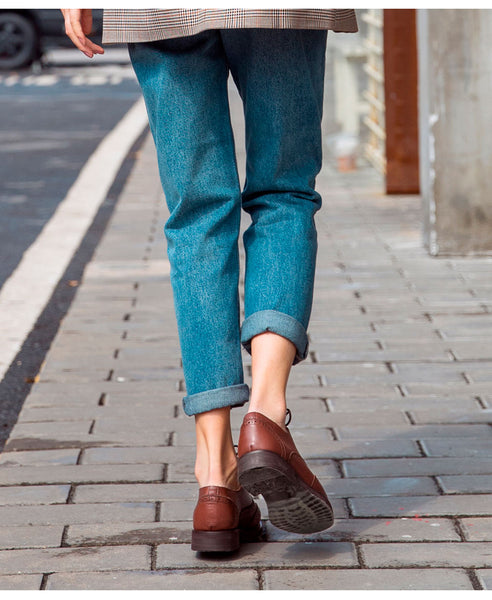 Oxfords Women Genuine Leather Wingtip Lace-Up Flats