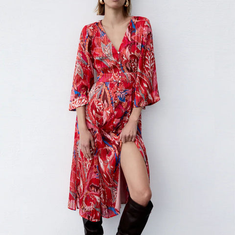 Thread Printing Midi Dress Vintage Three Quarter Sleeve