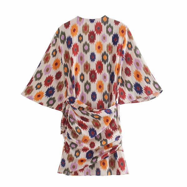 Distorted Flower Print Wrap Side Tie Mini Dress Vintage V Neck Three Quarter Flare Bell Sleeve