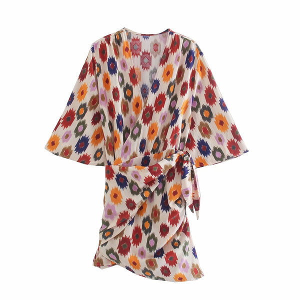 Distorted Flower Print Wrap Side Tie Mini Dress Vintage V Neck Three Quarter Flare Bell Sleeve