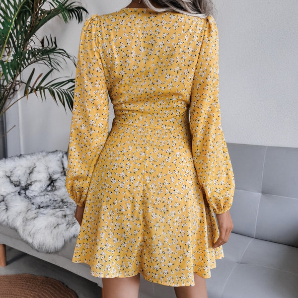 Chiffon Floral Puff Long Sleeve Dress Deep V Neck Mini Casual