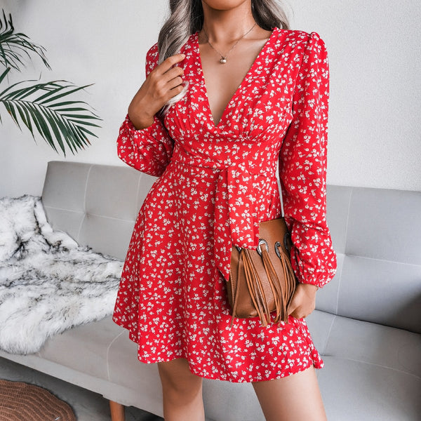 Chiffon Floral Puff Long Sleeve Dress Deep V Neck Mini Casual