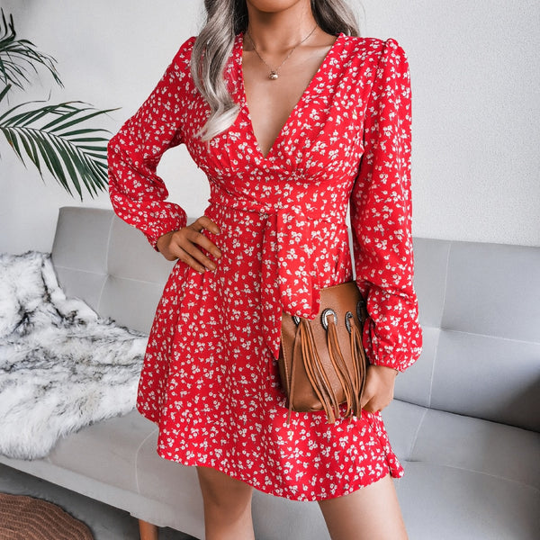 Chiffon Floral Puff Long Sleeve Dress Deep V Neck Mini Casual