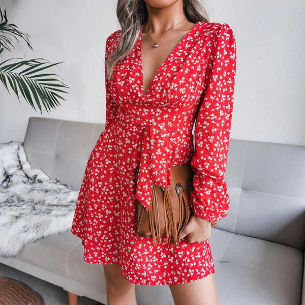 Chiffon Floral Puff Long Sleeve Dress Deep V Neck Mini Casual