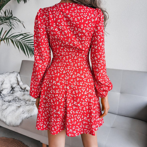 Chiffon Floral Puff Long Sleeve Dress Deep V Neck Mini Casual