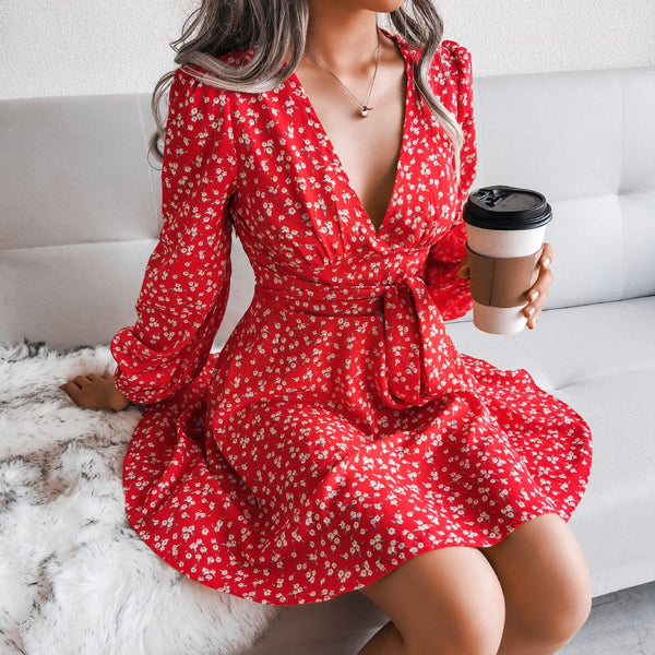 Chiffon Floral Puff Long Sleeve Dress Deep V Neck Mini Casual