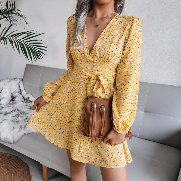 Chiffon Floral Puff Long Sleeve Dress Deep V Neck Mini Casual