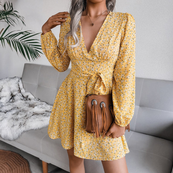 Chiffon Floral Puff Long Sleeve Dress Deep V Neck Mini Casual