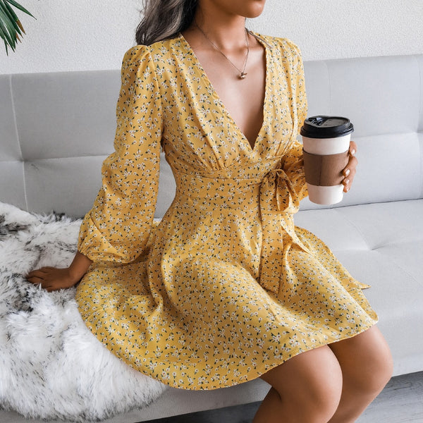 Chiffon Floral Puff Long Sleeve Dress Deep V Neck Mini Casual