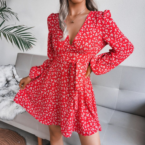 Chiffon Floral Puff Long Sleeve Dress Deep V Neck Mini Casual