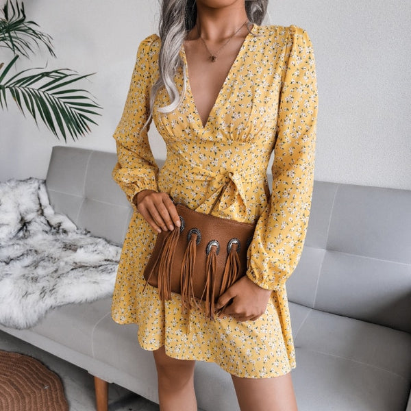 Chiffon Floral Puff Long Sleeve Dress Deep V Neck Mini Casual