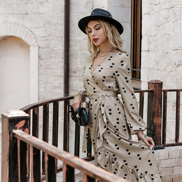 Casual Long Sleeve Ruffles Midi Dress V Neck Love Polka Dot Asymmetric Robe Dress