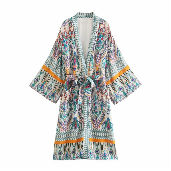 Print Women Long sleeve Kimono Robe Tie Belt with short sets geometric