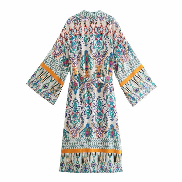 Print Women Long sleeve Kimono Robe Tie Belt with short sets geometric