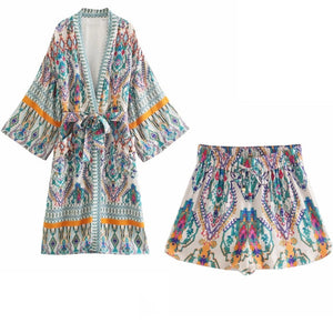 Print Women Long sleeve Kimono Robe Tie Belt with short sets geometric