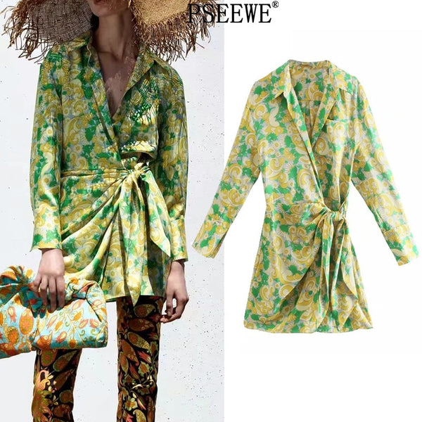 Dress Woman Vintage Print Mini Shirt Dress Long Sleeve Wrap Tied Casual Short Dresses